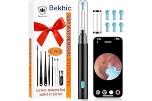 Bekhic® Ear Wax Removal Tool with Camera - 1296P HD Ear Cleaner Otoscope with 6 LED Lights, Wireless Earwax Remover Kit with 8 Pcs Ear Picks, WiFi Ear Scope Cleaning Kit for iPhone, iPad & Android