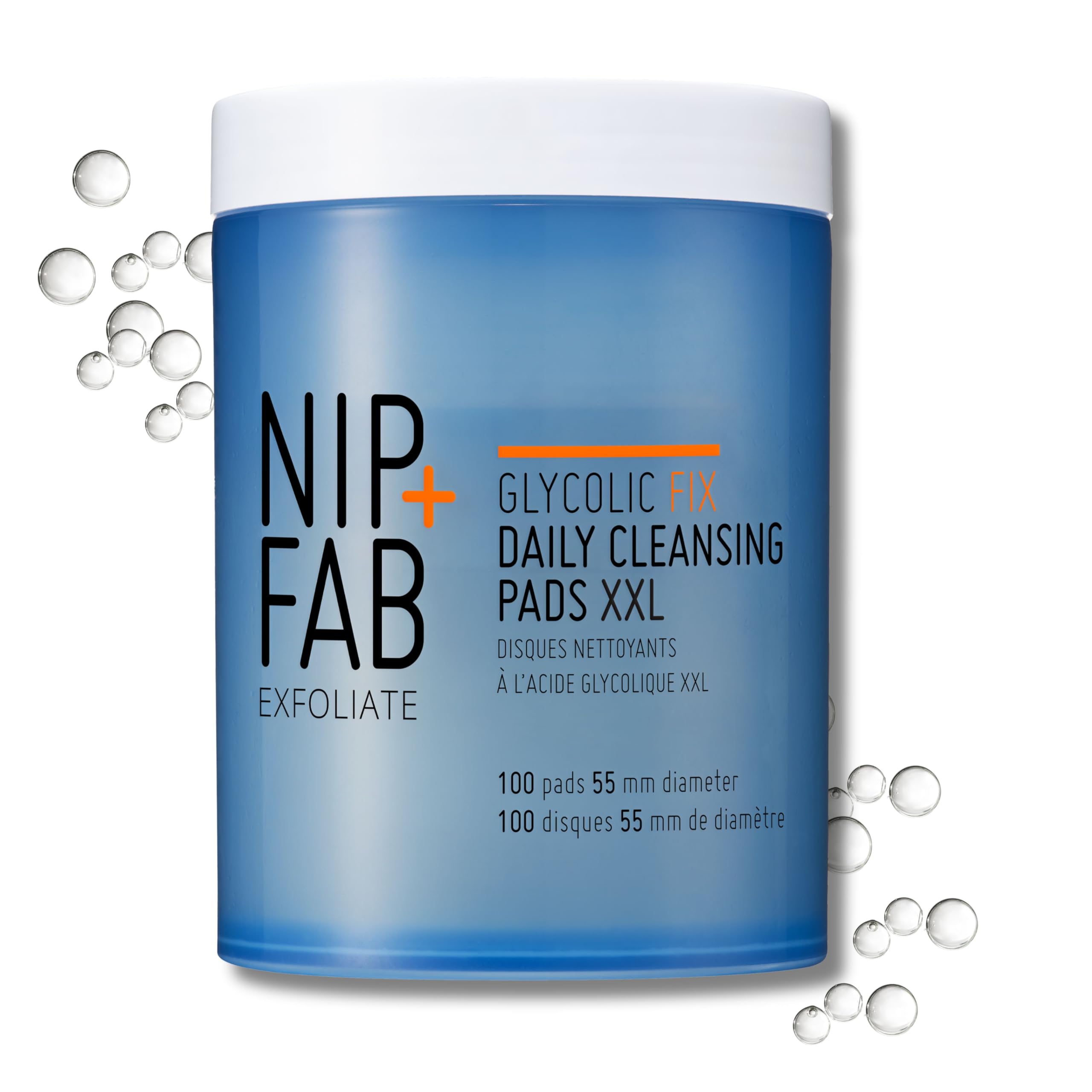 Nip + Fab Glycolic Fix Daily Cleansing Pads XXL – 3% Glycolic Acid AHA Exfoliating Facial Wipes with Hyaluronic Acid for Resurfacing, Brightening & Smoothing, 100 Pads