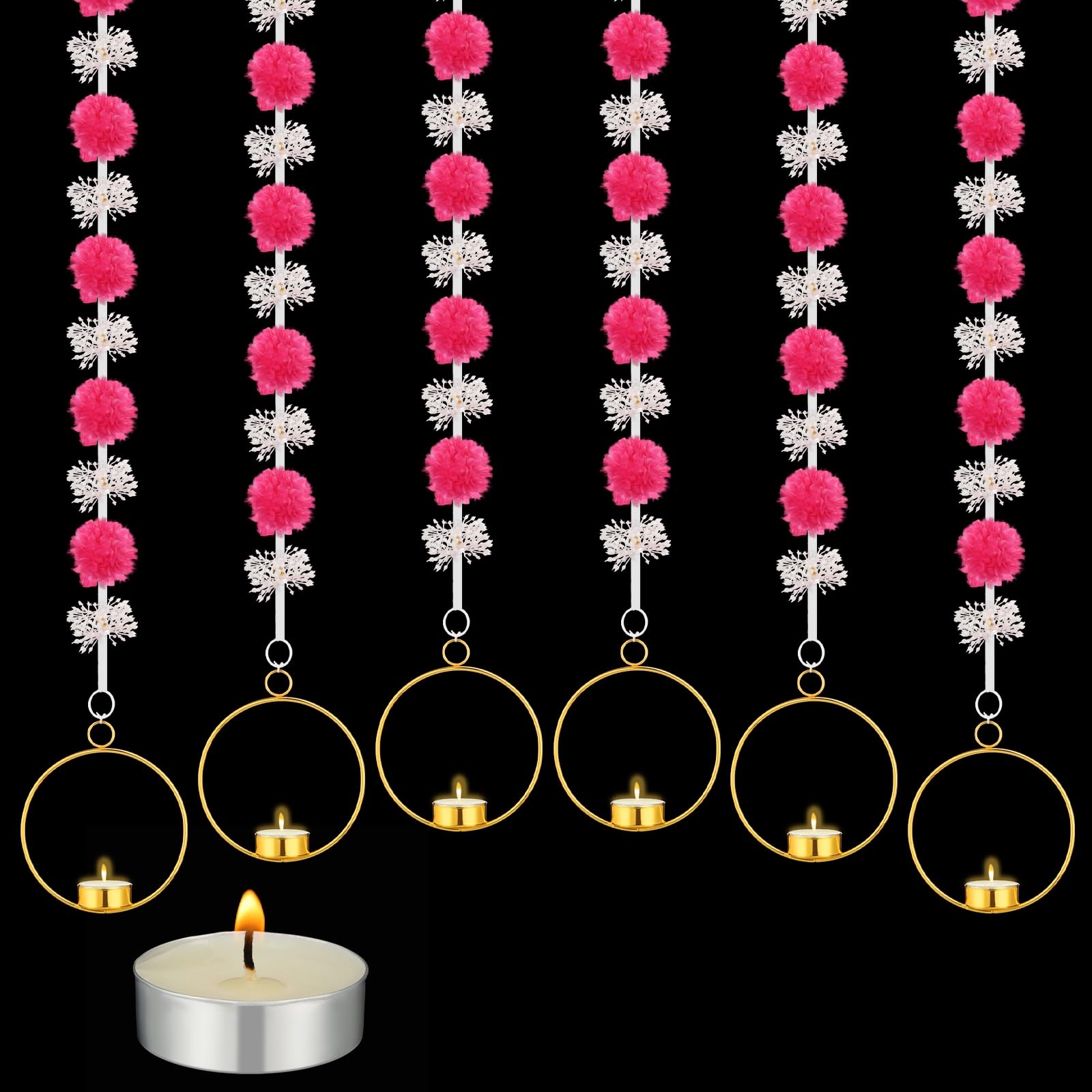 Photo 1 of Gejoy 6 Sets Diwali Decorations Includes 6 Pcs 4 Feet Artificial Marigold Flowers Garland for Decoration 6 Hanging Tea Light Candle Holders and 6 Candles for Home Wall Indian Pooja Wedding Decor