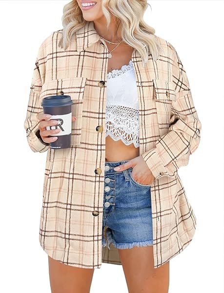ALIMASHA WOMEN’S FLANNEL PLAID SHACKETS LONG SLEEVE SHIRT AUTUMN WINTER BUTTON DOWN JACKET WITH POCKETS
