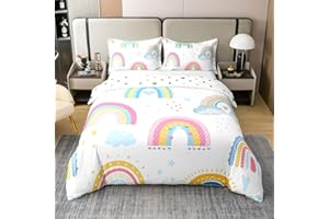 Girls Rainbow 100% Nature Cotton Duvet Cover Clouds Stars Rain Hearts Comforter Cover Twin Size with 1 Pillowcase Cartoon Rai