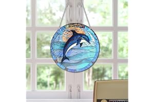 HOTIYOK Sunsets Dolphins Acrylic Window Hangings, Ocean Stained Glass Panels Window & Wall Decor for Indoor/Outdoor, Ideal Housewarming Gift Home Decor for Mom Grandma Teacher Sea Lover
