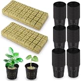 Reeooue 72 Sets Rockwool Cubes and Net Pots, 1.2 * 1.2 * 1.5 inch Rock Wool 72 Plugs &amp; 72-Pack 2inch Net Cups for Hydroponics Growing Systemm, Garden Tower Supplies