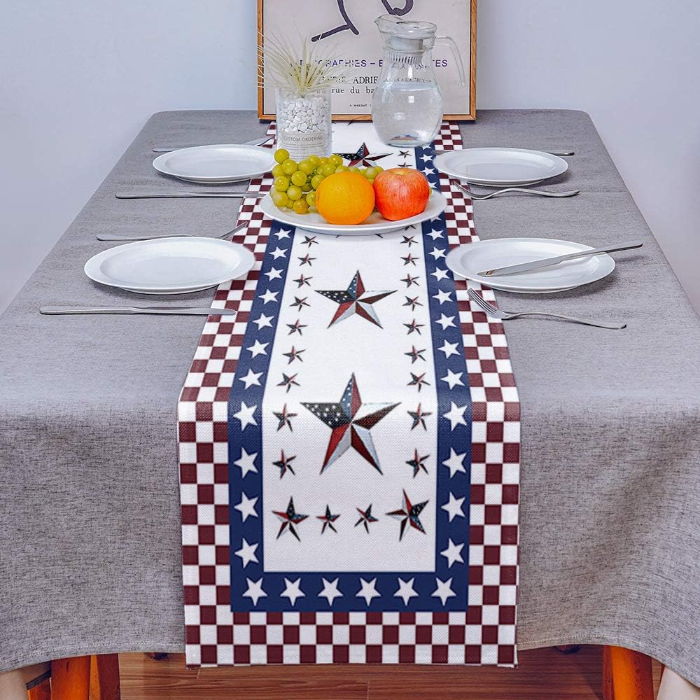 Table Runner Cotton Linen, American USA Flag Stars Table Linens Non-Slip Runners for Kitchen Party Wedding Home Decor,July 4th Independence Memorial Day Table Top Decoration 13" x 90": Kitchen & Dining
