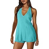 UNIANKIYA Womens 2 Piece Summer Outfits Knit Halter Neck V Neck Sweater Tank Top and Shorts Matching Sets for Beach Vacation