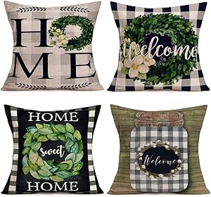 Fukeen Set of 4 Vintage Buffalo Check Plaids Pillow Covers Welcome Home Sweet Home Quote Wreath Rustic Farmhouse Decorative Throw Pillow Cases Cotton Linen Square 18x18 Inch Cushion Cover