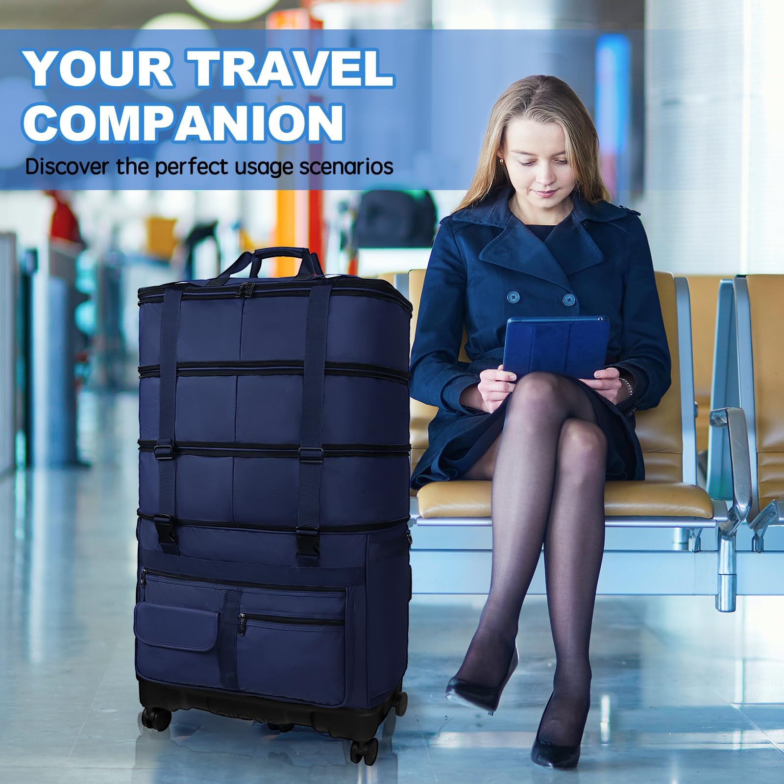 UEIPA Expandable Collapsible Luggage with Telescoping Handle Foldable Suitcase with Removable Wheels Rolling Travel Duffel Bag for Men and Women