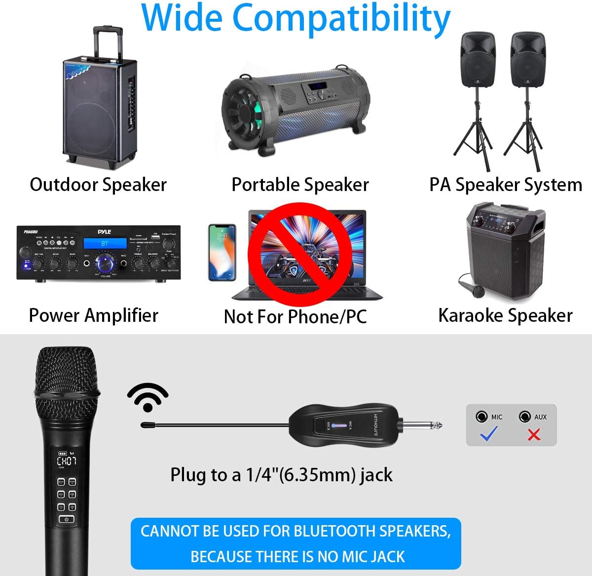 Kithouse K28 Rechargeable Wireless Microphone Karaoke Microphone Wireless Mic + Volume Control + Echo with Receiver System, UHF Cordless Microphone for Karaoke Singing Speech Church, Black: Home Audio & Theater
