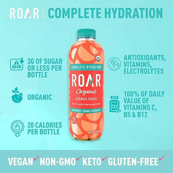 ROAR ORGANIC ELECTROLYTE INFUSIONS – USDA ORGANIC – GEORGIA PEACH – WITH ANTIOXIDANTS, B VITAMINS, LOW-CALORIE, LOW-SUGAR, LOW-CARB, COCONUT WATER INFUSED BEVERAGE 18 FL OZ (PACK OF 12)