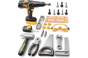 Geyiie Toy Tool Set with Power Drill, Pretend Play Kids Tool Set, Goggles, Preschool STEM Toys Outdoor Tool Kit Party Birthday Gift for Toddler Boys Girls Age 3 4 5 6 7 8