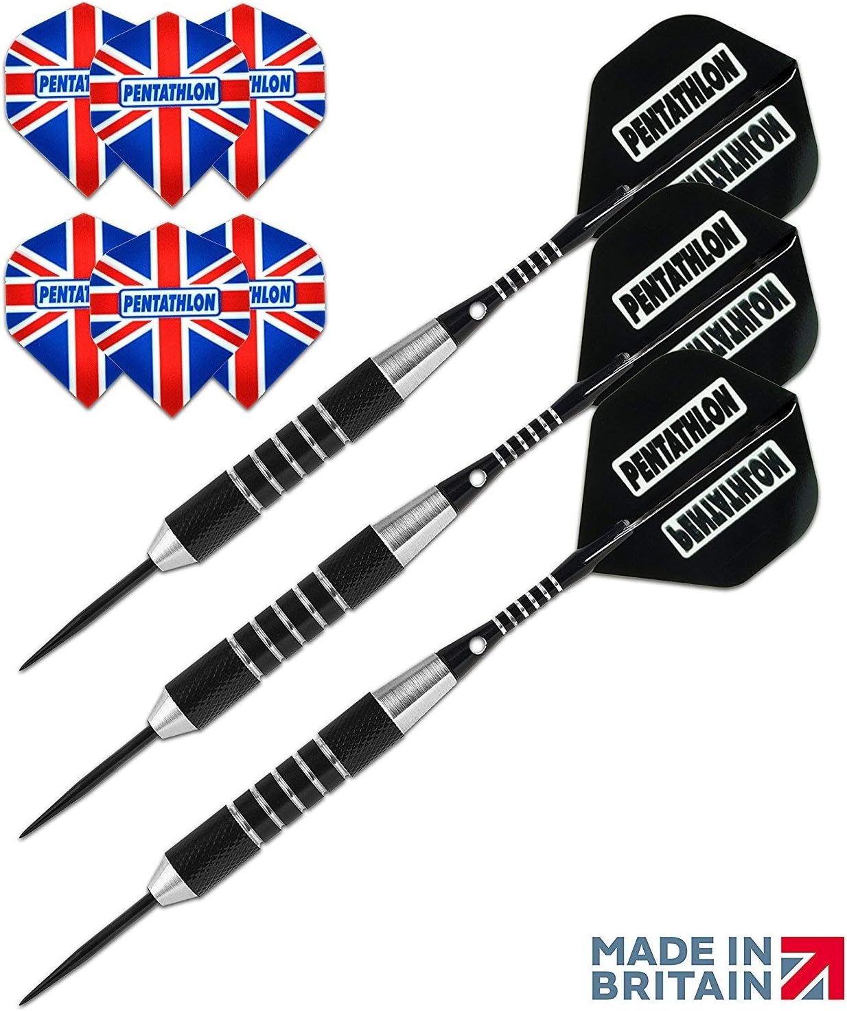 Steel Tip Darts Set - Black Coated Dart Barrels, Dart Flights, + Shafts PLUS 2 FREE SETS OF DART FLIGHTS - MADE IN BRITAIN