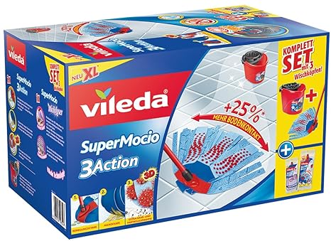Vileda SuperMocio 3Action XL Wischmop im Komplettset mit Eimer und 3 Wischköpfen