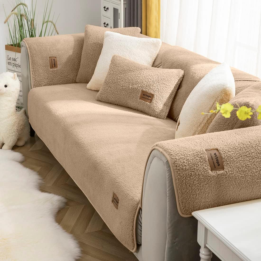 Slipcovers - vctops Sherpa Fleece Sofa Couch Covers Super Soft Warm Plush Sectional Couch Cover Luxury Fuzzy Furry Non Slip Sofa Slipcover Furniture Protector (Coffee,28