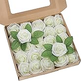 Meldel Artificial Flower 25pcs Real Looking Ivory White Fake Foam Roses with Stems for DIY Wedding Bouquets Gifts Bridal Shower Faux Floral Centerpieces Arrangements Home Party Tables Decorations