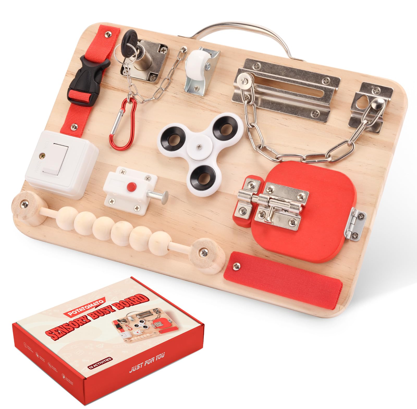 Potatomato Montessori Busy Board for Toddlers - Wooden Sensory Educational Fidget Toys - Activity Board for Kids Baby Boys Girls - Autism, ADHD- Fine Motor Kids Travel Toys