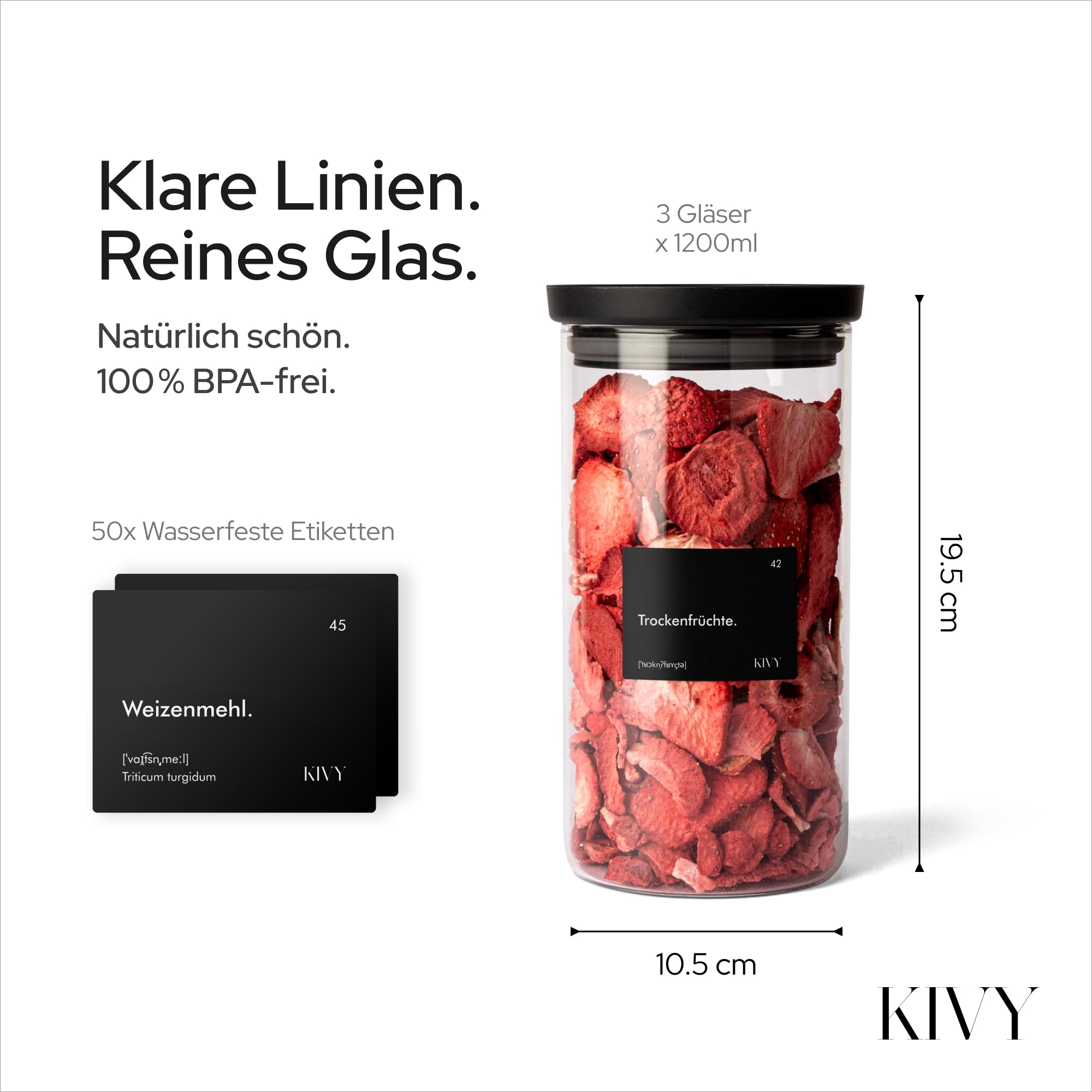 KIVY Vorratsgläser mit transparenten Glasdeckel [3x 1200ml] Luftdichte & Stapelbare Vorratsgläser mit Deckel Luftdicht - Vorratsdosen Glas mit Deckel - Vorratsglas mit Deckel - Aufbewahrungsgläser 3