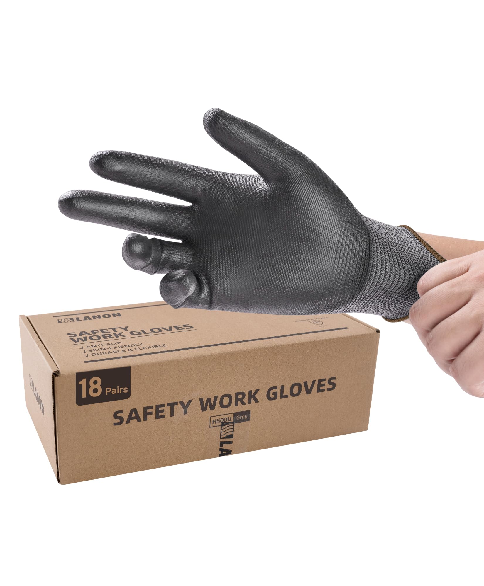 Photo 1 of LANON 18 Pairs Safety Work Gloves, Mechanic Working Gloves for Men,Breathable PU Coated, Seamless Knit,Double Wash, Grey, Large