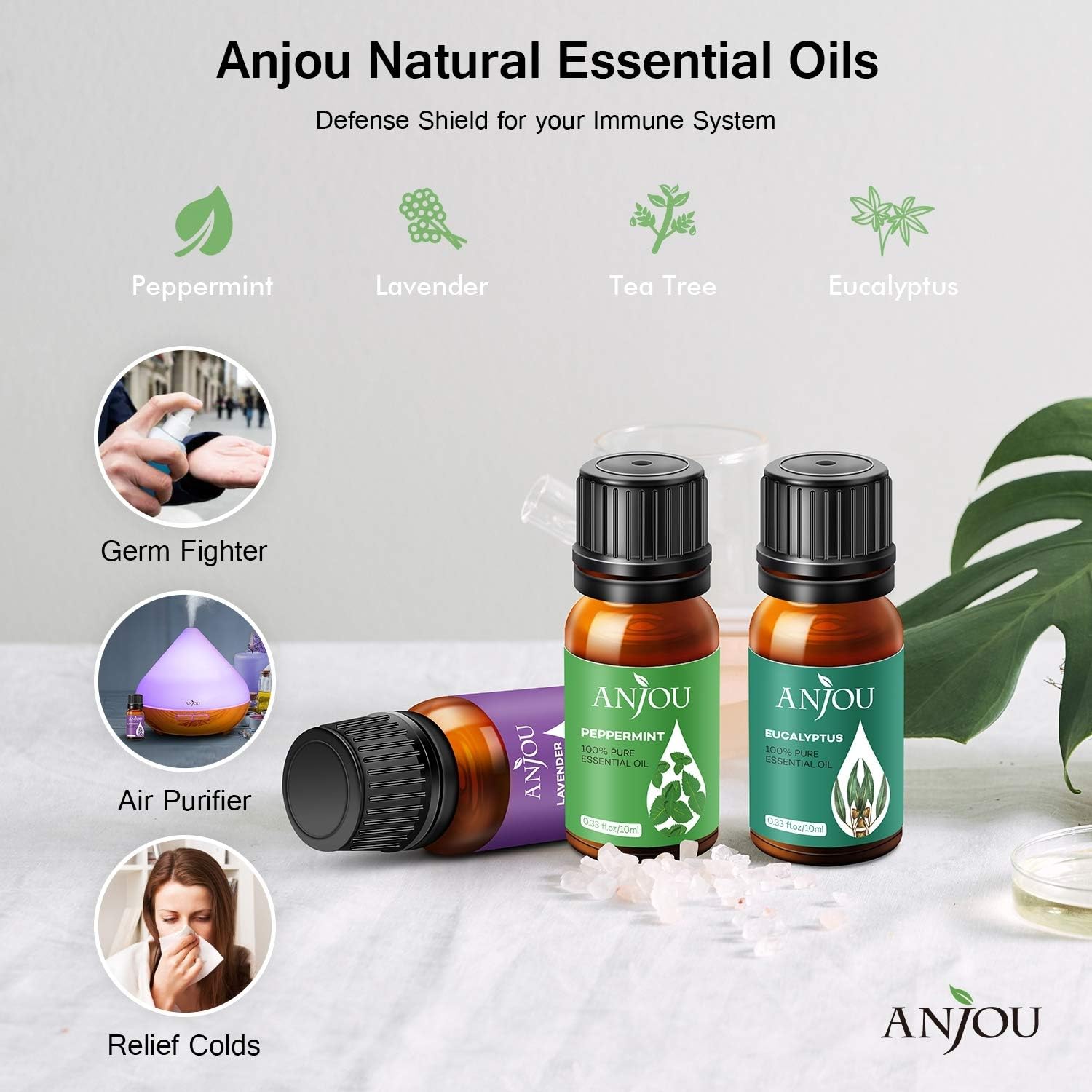 Essential Oils Set - Anjou 14 x10ml Aromatherapy Essential Oil Large Pure & Therapeutic Grade for Diffuser, Humidifier, Massage, Skin Hair Care Air Freshener Incl.Peppermint Eucalyptus Tea Tree: Health & Personal Care