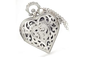 Lancardo Vintage Heart Shape Hollow Out Silver Gold Tone Pendant Pocket Fob Watch with Chain for Women Men