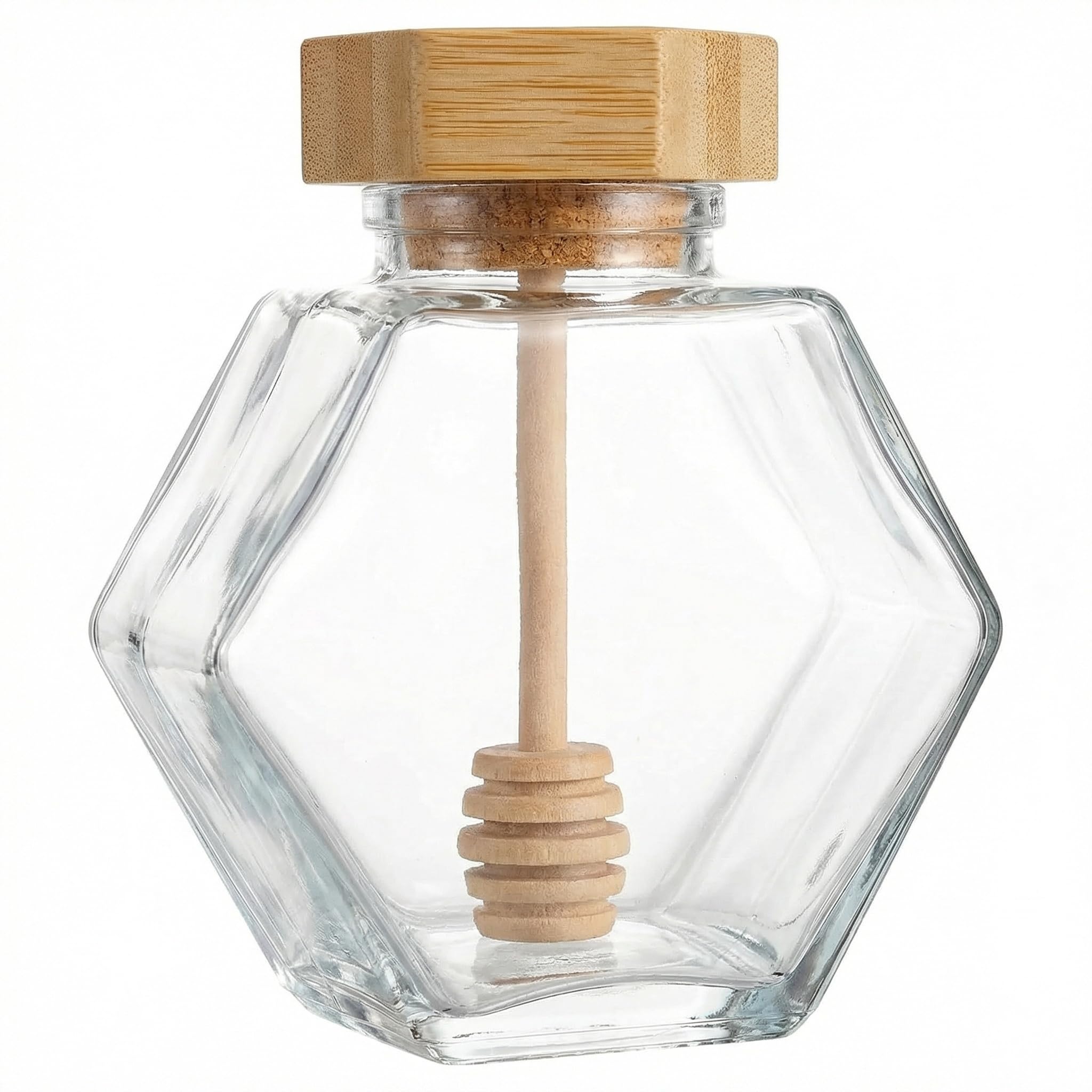 QUUPY 1PC 380ml /12.85Ounce Empty Glass Refillable Honey Pot Jar with Wooden Dipper and Cork Lid Cover Hexagon for Home Kitchen Shape Pot Container