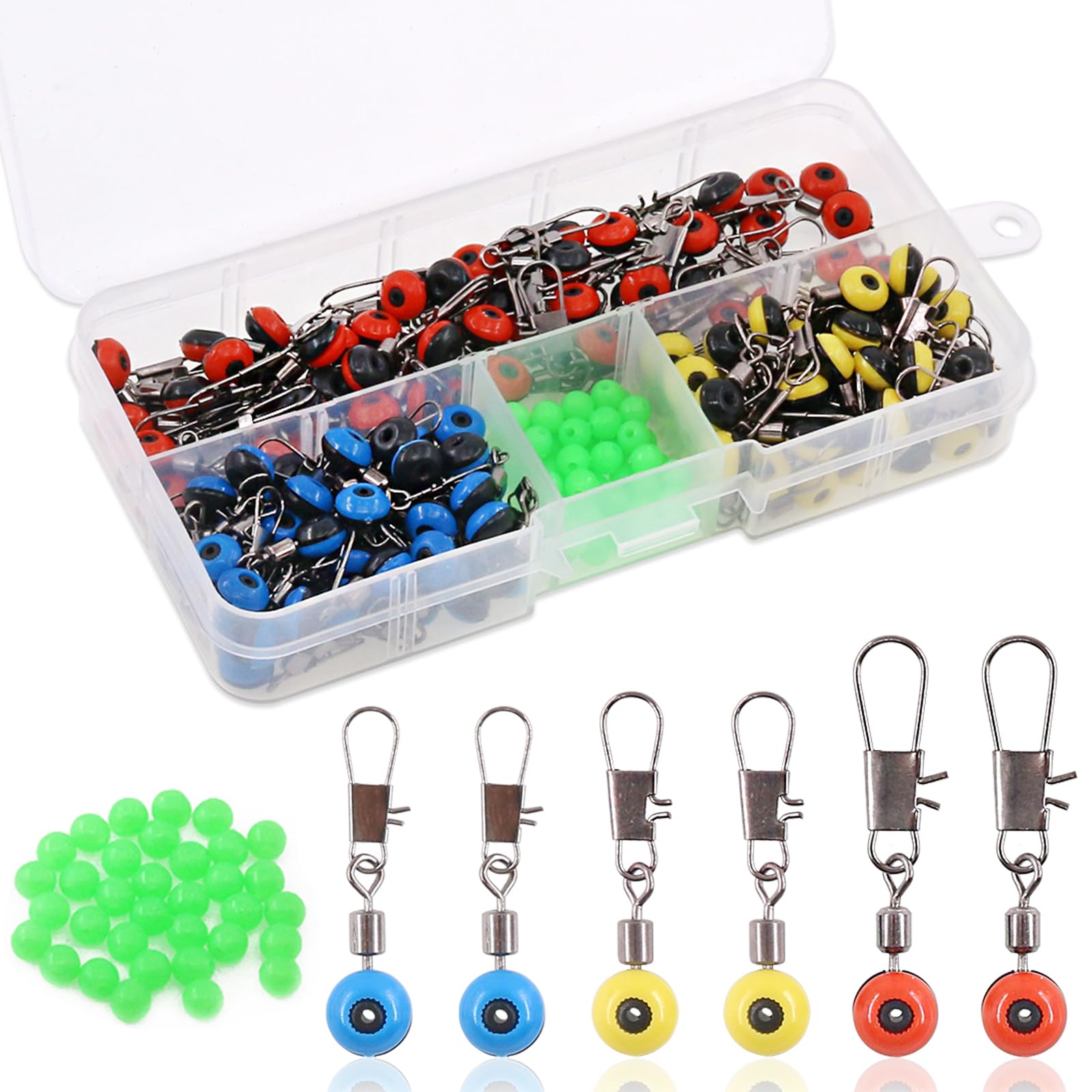 Keadic 3-Color Fishing Line Sinker Swivels & Green Glow Beads - 200Pcs Small Fishing Accessories Kit