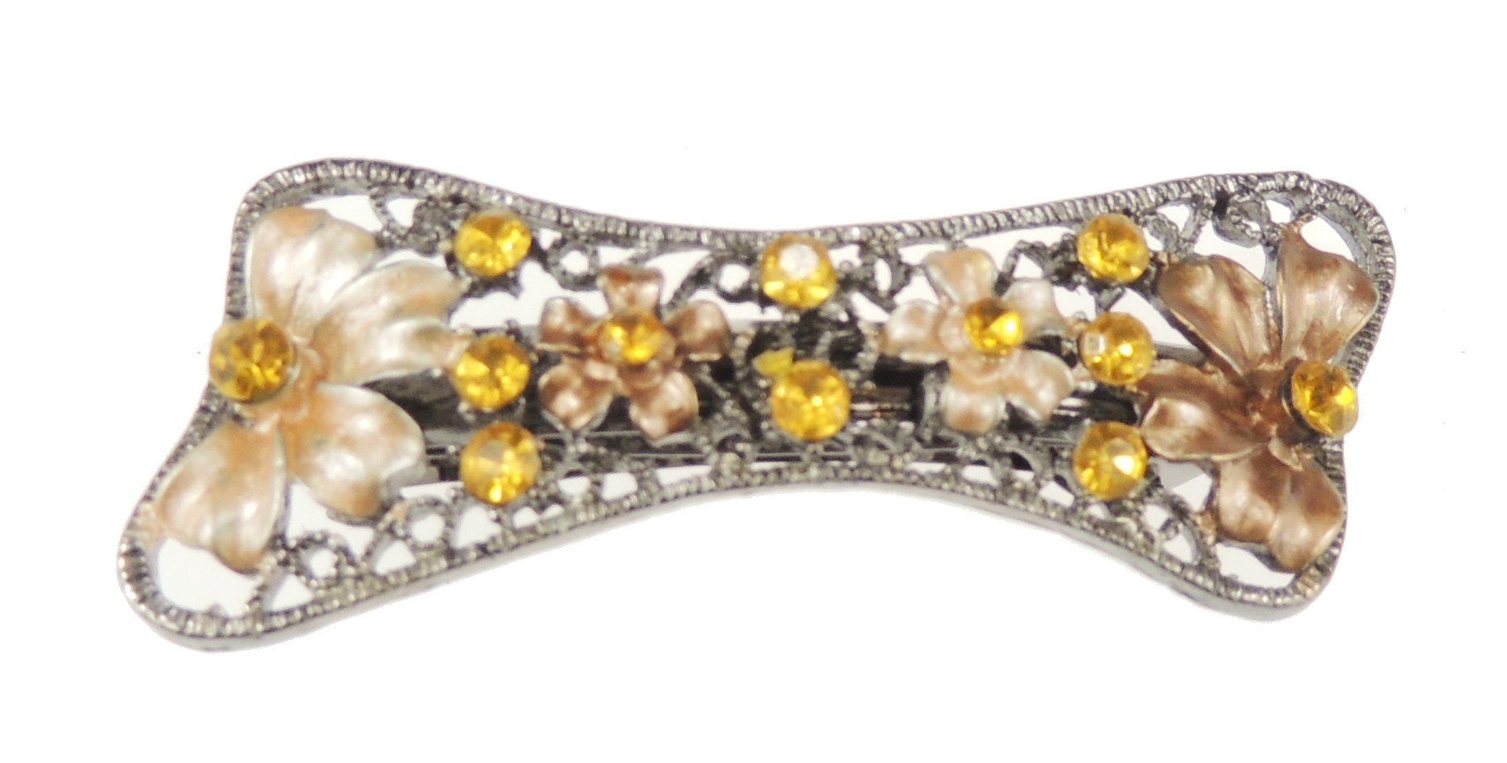 Ladies Enamel Floral Diamante Diagonal Bow Metal Vintage Hair Barrette Clip (Gold)