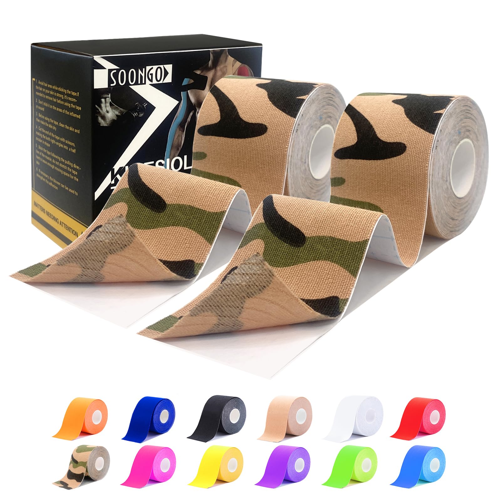 Kinesiology Tape Rock Tape2 Rolls Relieve Muscle Soreness and Strain Shoulders Wrists Knees Ankles Elastic Waterproof Good Air Permeability Hypoallergenic Camo 5cm*5m By SOONGO