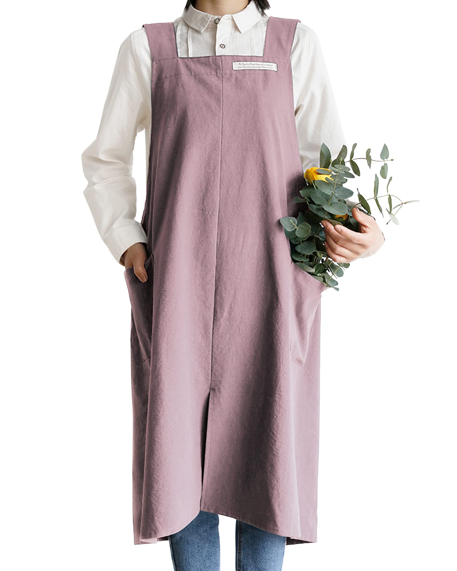 Small snail Apron Cotton Linen Solid Color Japanese Style Cross Bandage Halter Pinafore with Pocket Literature Art Flower Shop Clothing for Women Men Cooking Kitchen Casual Aprons Plus Size Pink