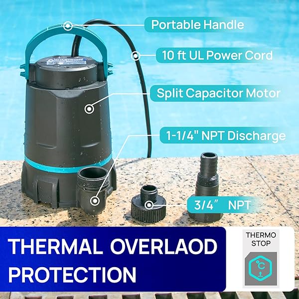 AQUASTRONG SUMP PUMP 1 HP 4500 GPH SUBMERSIBLE WATER PUMP THERMOPLASTIC PORTABLE UTILITY PUMP HIGH FLOW WATER REMOVAL FOR SWIMMING POOL GARDEN POND BASEMENT WINDOW WELLS WITH 10FT LONG POWER CORD