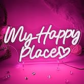 SYLHOME My Happy Place Led Neon Light Sign Bedroom Kids Room Wedding Birthday Party Christmas Wall Sign decor Girl Game Room Decor USB 15.75" X 7.9" Dimmer Pink