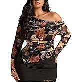WDIRARA Women's Plus Size Leaf Print Off The Shoulder Tops Ruched Long Sleeve T Shirts Asymmetrical Tee