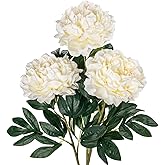 Briful 3PCS Fake Peonies White Flowers 30'' Long Stem Silk Flowers Real Touch Artificial Flowers Shabby Chic Decoration for Home Office Vase Centerpiece Wedding Party