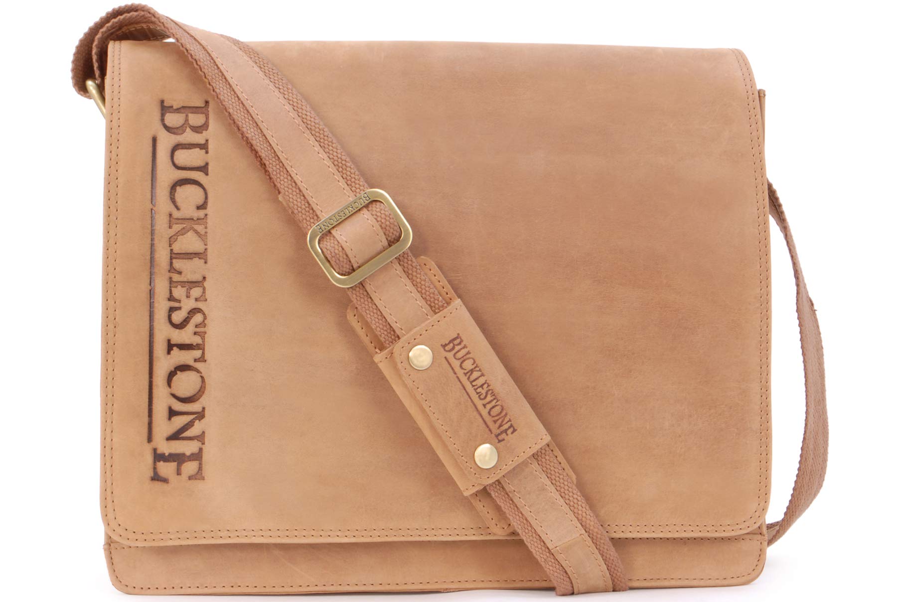 Bucklestone - Men's Leather Medium Messenger Bag - Crossbody Work Bag for 15 inch Laptop & A4 Notebooks - Lancaster - Tan