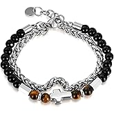 REchoLI Cross Bracelet for Men,Stainless Steel Black & Tiger Eye Beaded Bracelet with Silver Religious Chain and Cross Charm Two Strand Adjustable Wristband Christian Jewelry 21 cm / 8.26 inches