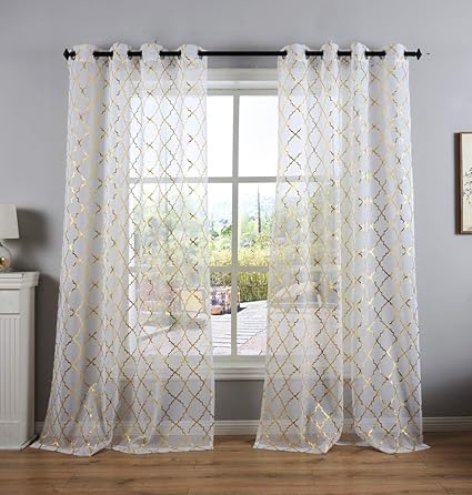 Kotile Sheer Curtains Gold Foil Print Moroccan Tile Lattice Design