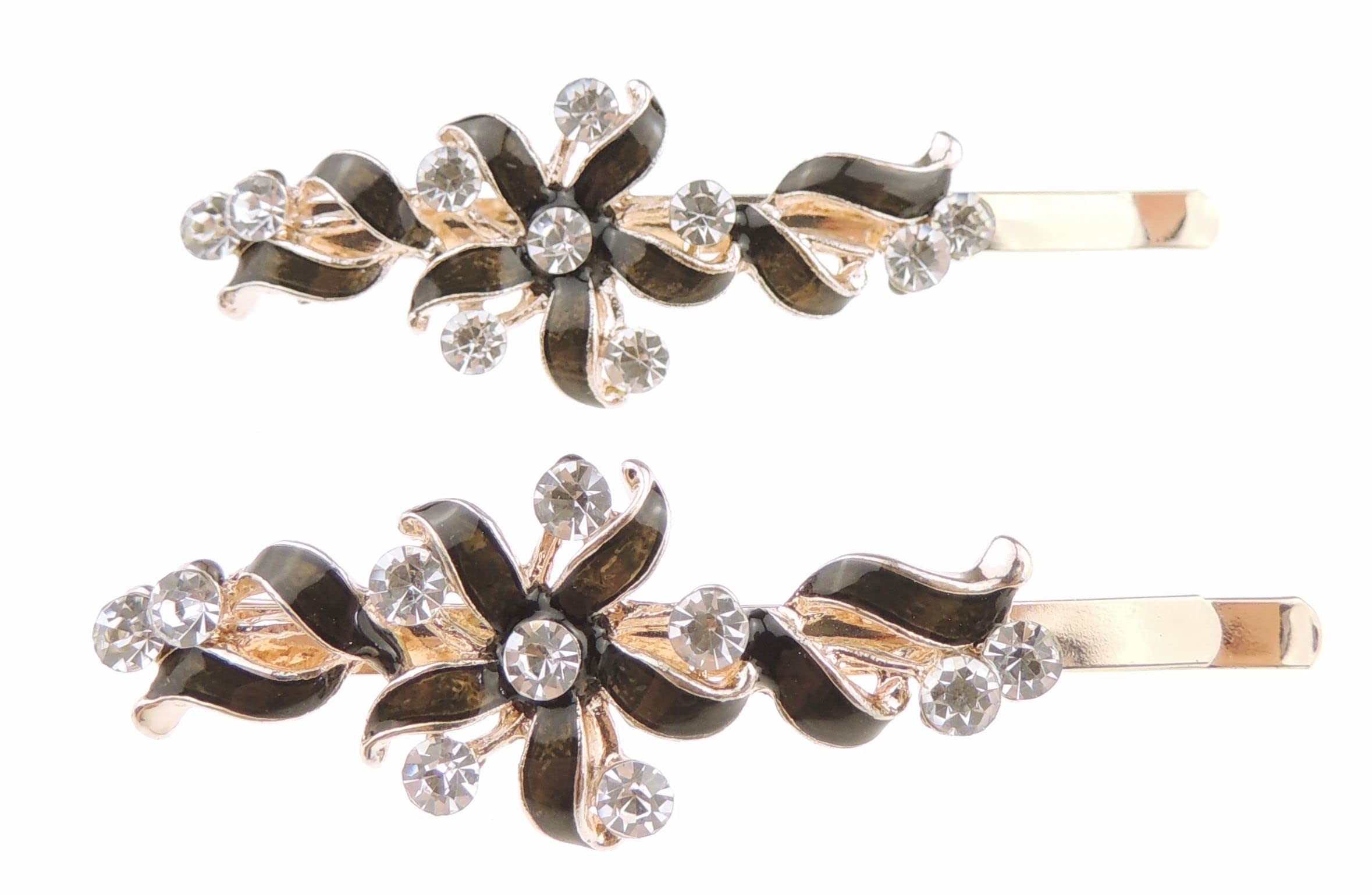 Womens Sparkly Bow Rhinestone Jeweled Crystal Diamante Party Christmas Bridal Wedding Accessories Slides Hairpin Hair Clips Grips Bobby Pins Set of 2 Swirly Enamel Pinwheel Flower (Black)