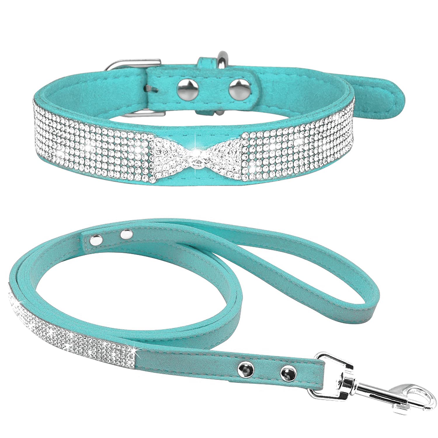 haoyueer Rhinestone Dog Collar, Cute Dazzling Sparkling Soft Suede Leather Dog Cat Rhinestone Collar Leash Crystal Diamond Pet Dog Puppy Collar (XS, Blue-3)