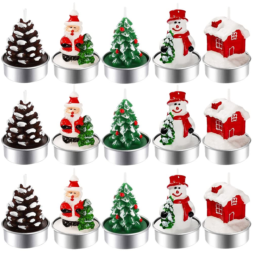 BUZIFU 15 Pieces Christmas Tealight Candles Christmas Unscented Candles Handmade Delicate Santa Claus, Snowman, Pine Cones, Xmas Tree, House Candle for Xmas Home Decoration Gifts