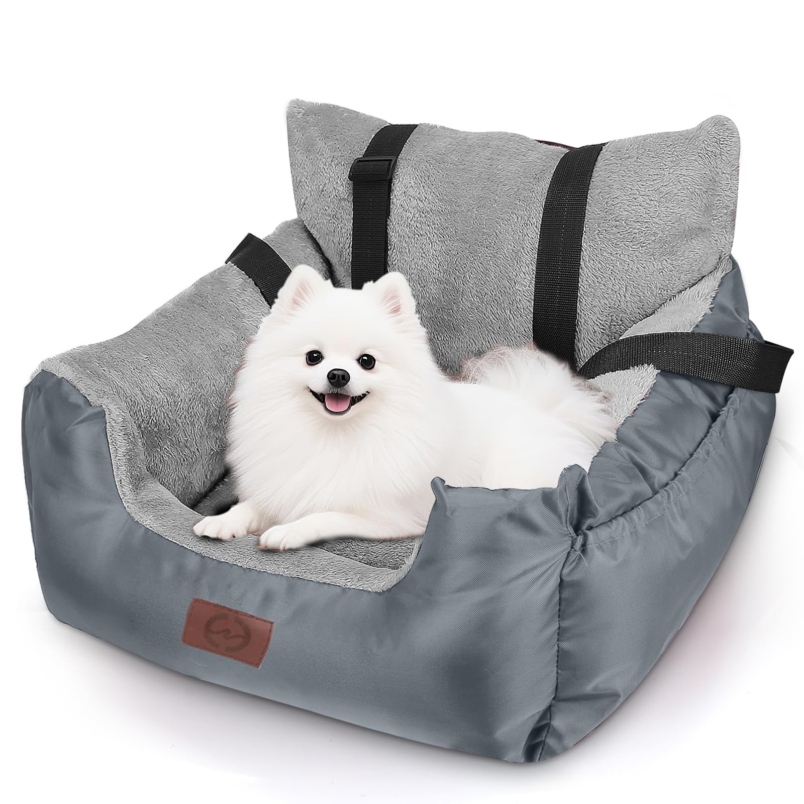 GoFirst Dog Car Seats for Small Dogs or Cats, Pet Booster Seat Travel Bed with Storage Pocket and Clip-On Safety Leash, Waterproof Warm Plush Dog Safety Seats,Grey