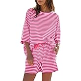 Fisoew Womens Striped 2 Piece Outfits Sweatsuits 3/4 Sleeve Oversized Tops High Waisted Shorts Casual Lounge Sets