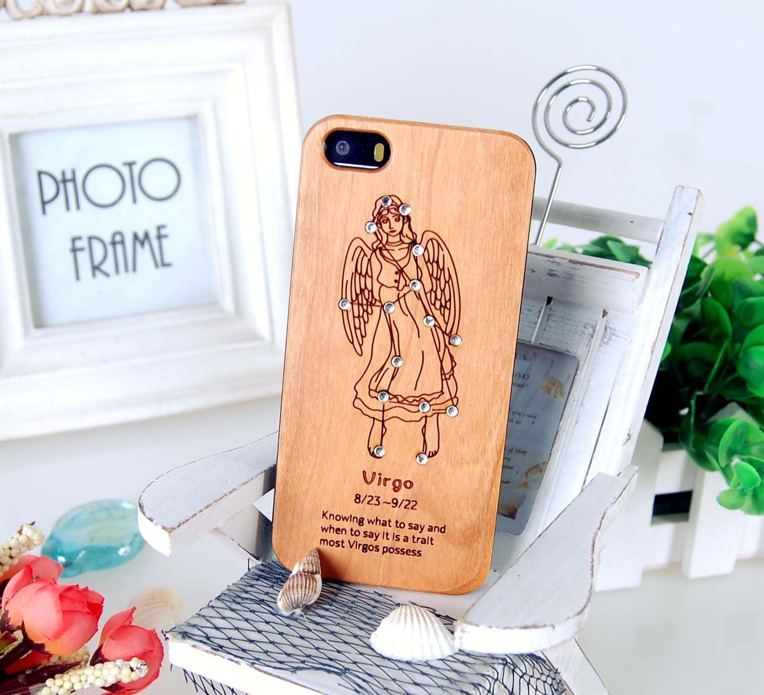 WINKBL ® Bamboo Wooden Skin Case Cover for iPhone 5/5S Carved with Crystal 12 Zodiacal Constellation Signs (Aries, Taurus, Gemimi, Cancer, Leo, Virgo, Libra, Scorpio, Sagittarius, Capricorn, Aquarius, Pisces) (Virgo (08.23 - 09.22))