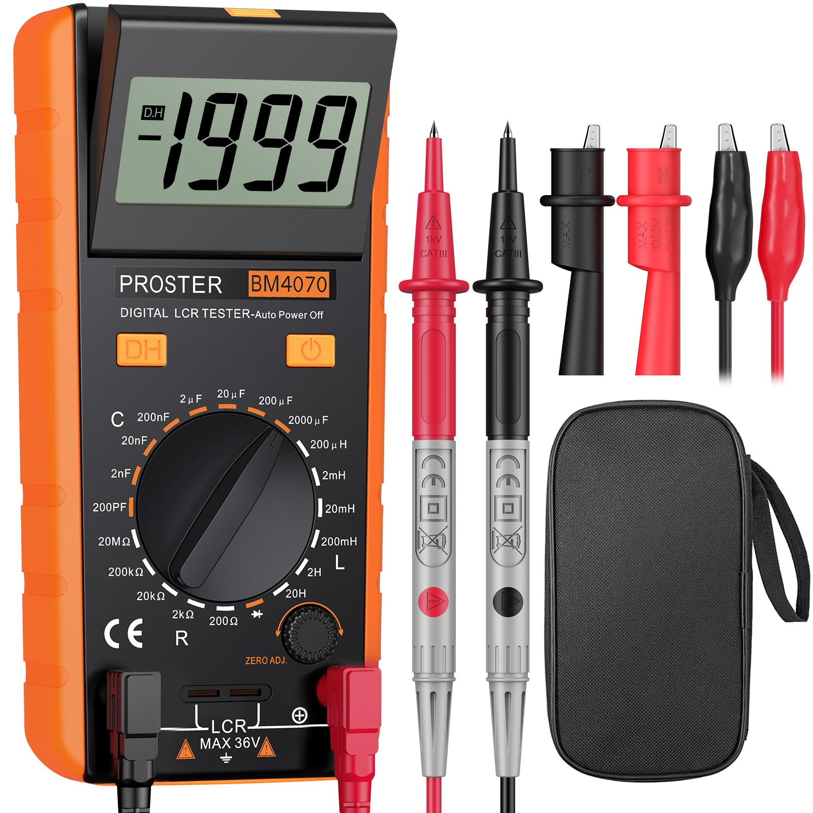 Proster LCR Meter Digital Capacitance Inductance Resistance Tester with Battery Crocodile Clip Storage Bag LCR Tester Measuring Meter with LCD Display