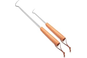 Leonyo 2 Pack Pigtail Food Flipper, 12 & 17 Inch Meat Hook Flippers Turners with Stainless Steel Shafts, Substitutes of Grill Tong, Spatulas, Fork for Kitchen Cooking, Wooden Handles