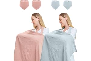 TATAVR 2PCS Muslin Nursing Covers for Breastfeeding, Privacy Breast Feeding Cover with Arch Neckline for Mom and Baby, Breathable Cotton Nursing Apron Multi-Use Stroller Cover(Included Four Baby Bibs)