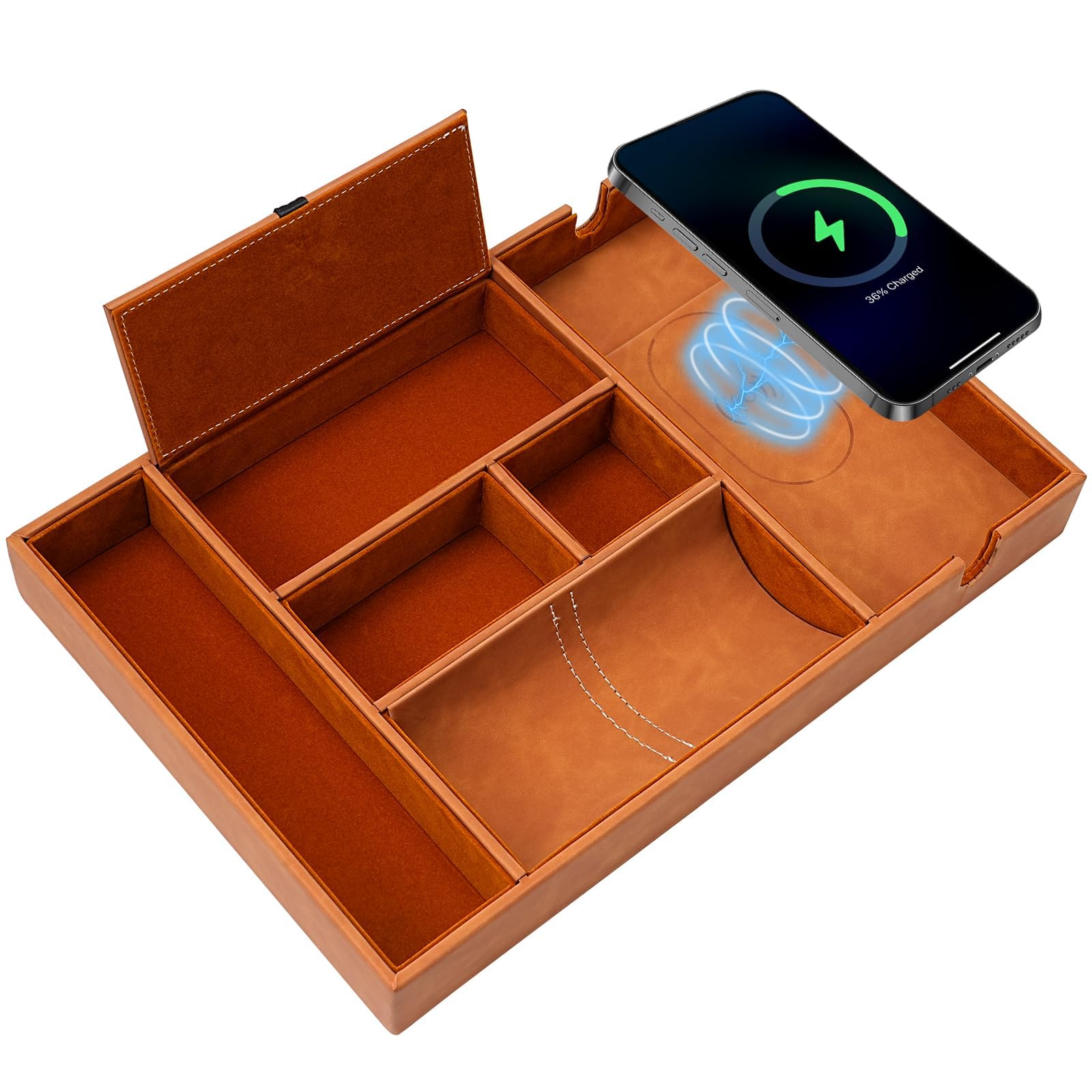 TRIXES Wireless Charging Tray, Multi-Compartment Desk or Nightstand Organiser Station with Charger - Phone, Wallet, Keys, Glasses, Watches and More - Tan Brown
