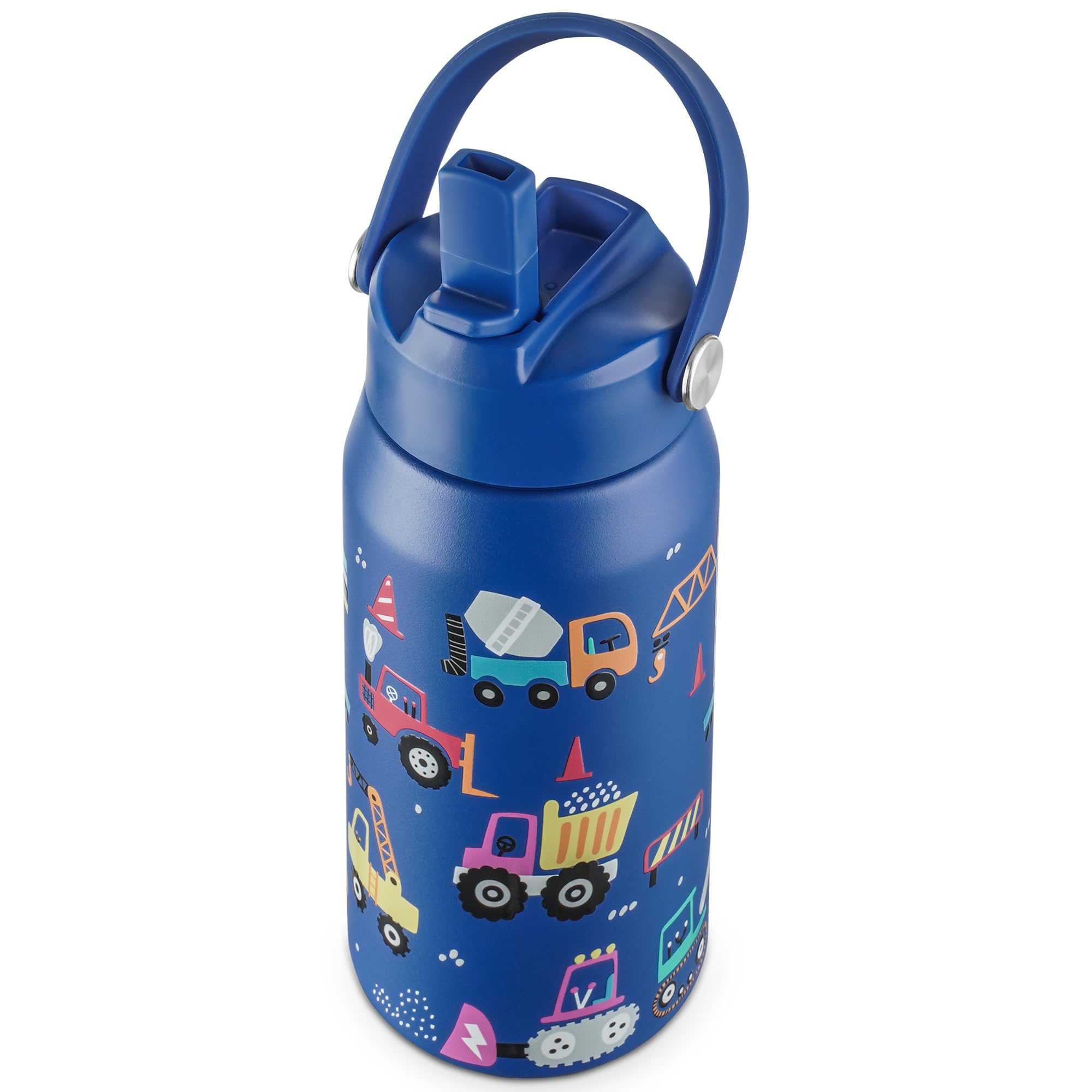 Photo 1 of OLDLEY kids Water Bottle - 18oz Insulated Stainless Steel - Wide Straw Lid, Non Spill, Leakproof, Kids Water Bottle for School,Blue Engineering car