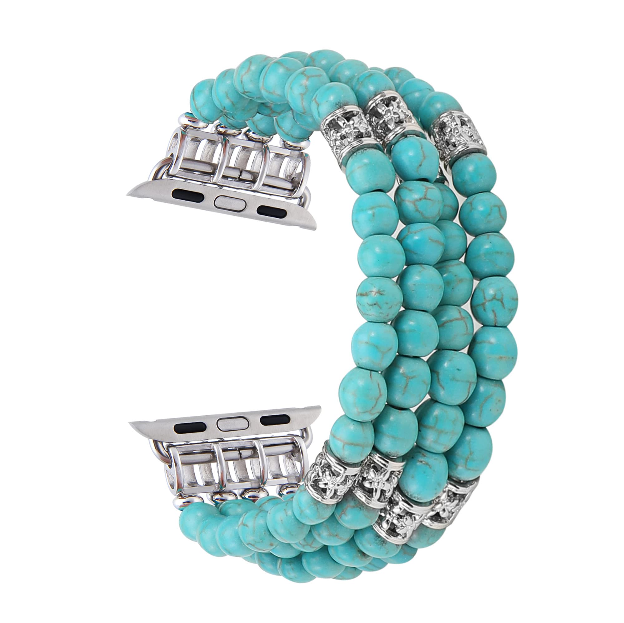 GEMEK Compatible with Apple Watch Band 42/44/45/49mm Women iWatch Bands Series 9/8/7/6/5/4/3/2/1, Handmade Beaded Elastic Stretch Pearl Bracelet Replacement Strap for Women Wristband (Blue Turquoise)