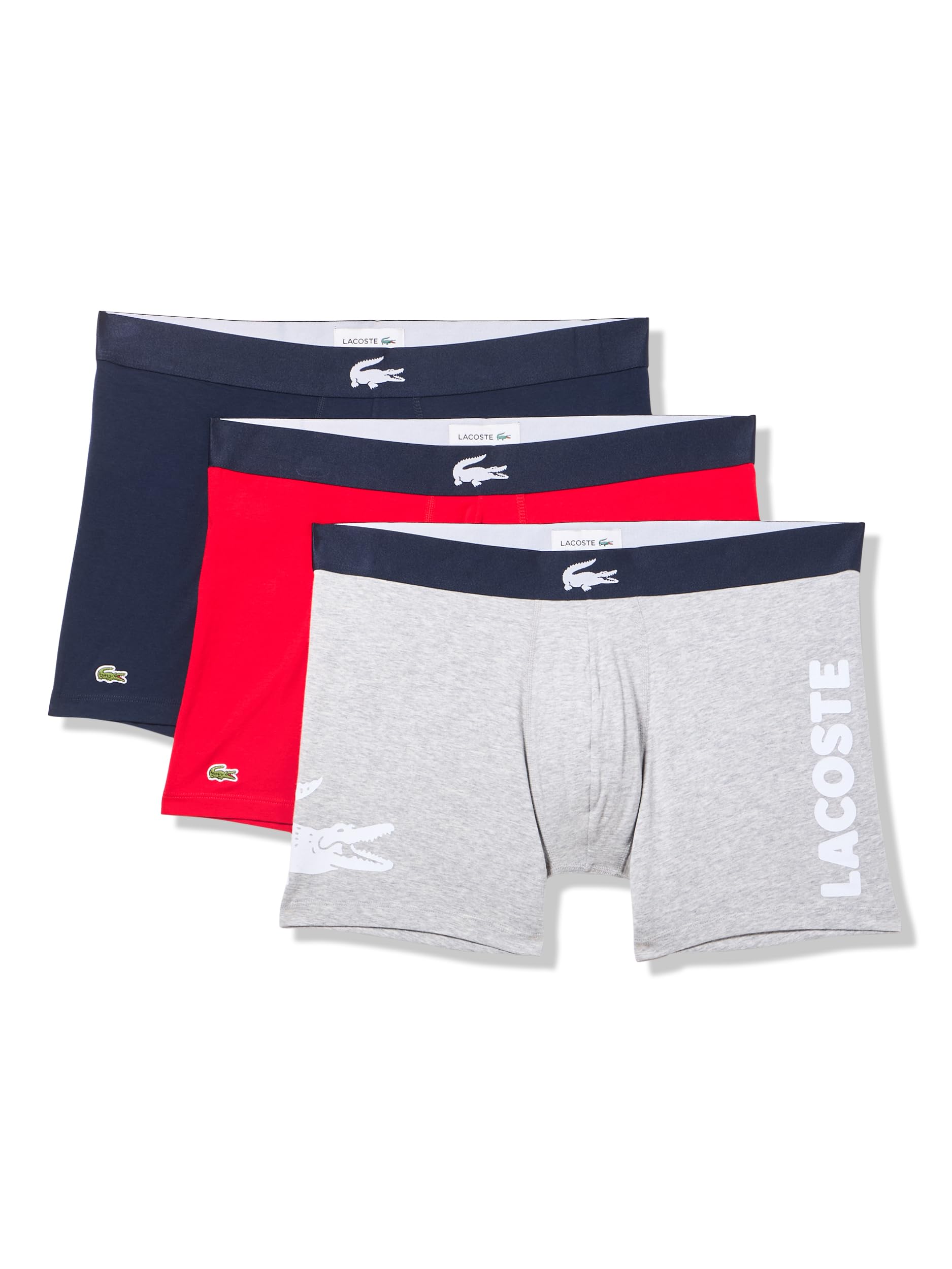 Lacoste Men's Cotton Stretch Big Croc Print Boxer Briefs, 3-Pack, Navy Blue/Grey/Red, X-Large Image Lacoste Men's Cotton Stretch Big Croc Print Boxer Briefs, 3-Pack, Navy Blue/Grey/Red, X-Large Image