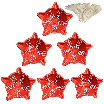 Five Faces Handmade Clay Diyas Red Colors Eathernware Clay Made/Terracotta Diya/Oil Lamp/Mitti Diya with Cotton Wicks for Pooja Candle for Diwali, Navratri Puja Festivals Decoration & Gifts (6)