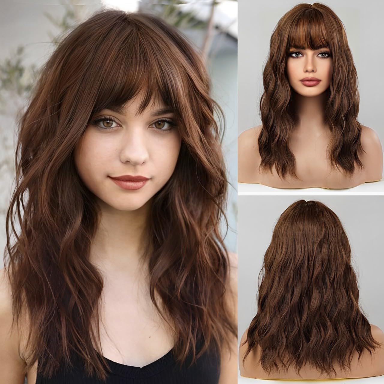 HAIRCUBE Long brown wavy wigs for women, synthetic wig made of natural hair with air bangs, wigs for daily use and party use